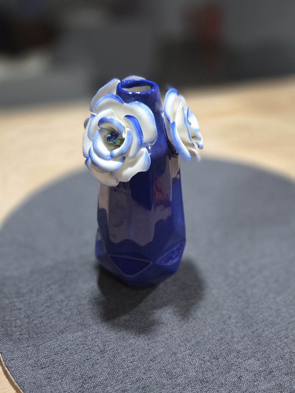 Anthropologie Cobalt Blue Ceramic Vase with White Blossom Accents
